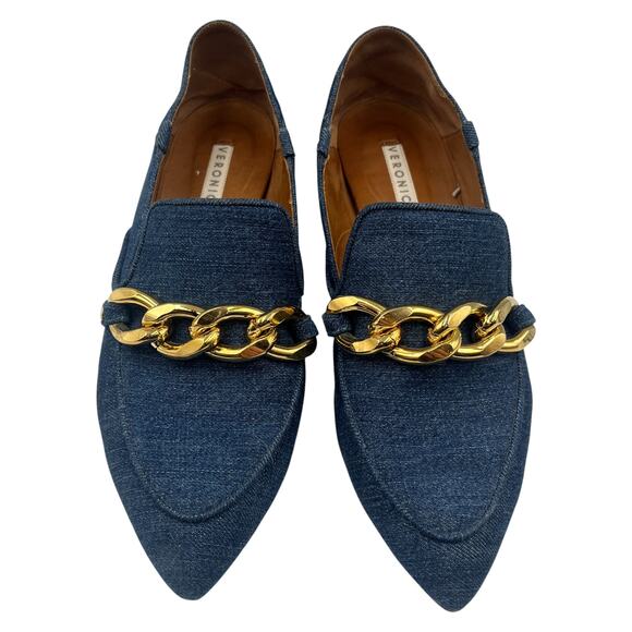 Veronica Beard Jaxon Chain Convertible Denim Pointed Toe Loafers Blue Sz 36 / 6 - Picture 2 of 7